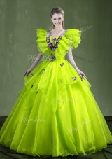 Sleeveless Organza Floor Length Lace Up Vestidos de Quinceanera in Yellow Green for with Appliques and Ruffles