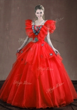 Super Red Sleeveless Appliques and Ruffles Floor Length Quinceanera Dress