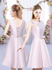 Scoop Sleeveless Bridesmaids Dress Mini Length Bowknot Baby Pink Satin