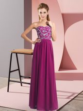 Fuchsia Sleeveless Floor Length Beading Lace Up Casual Dresses