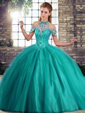 Halter Top Sleeveless Quinceanera Gowns Brush Train Beading Turquoise Tulle