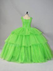 Sleeveless Organza Floor Length Lace Up Quinceanera Dress in with Beading and Ruffled Layers and Ruching