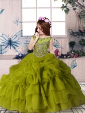 Inexpensive Scoop Sleeveless Party Dress for Girls Floor Length Beading and Pick Ups Olive Green Organza
