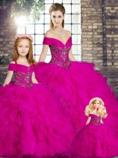 Sexy Fuchsia Ball Gowns Off The Shoulder Sleeveless Tulle Floor Length Lace Up Beading and Ruffles Quinceanera Dresses