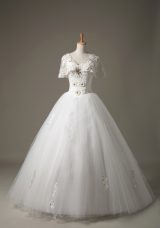 Hot Sale White V-neck Lace Up Beading and Appliques Bridal Gown Short Sleeves