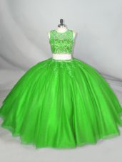 Scoop Sleeveless Lace Up Quinceanera Gown Green Tulle
