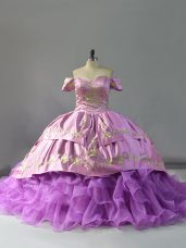 Classical Sleeveless Organza Chapel Train Lace Up Quinceanera Dress in Lavender with Beading and Embroidery and Ruffles