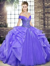Lavender Quinceanera Gowns Military Ball and Sweet 16 and Quinceanera with Beading and Ruffles Off The Shoulder Sleeveless Lace Up