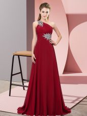 Popular Chiffon One Shoulder Sleeveless Brush Train Lace Up Beading Prom Evening Gown in Wine Red
