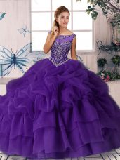 Low Price Purple Organza Zipper Scoop Sleeveless Sweet 16 Dresses Brush Train Beading and Pick Ups