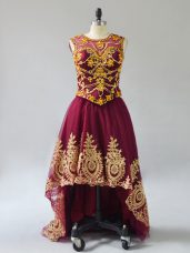 Flare Burgundy A-line Tulle Scoop Sleeveless Beading and Appliques High Low Lace Up Oscars Dresses