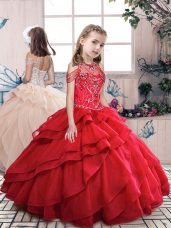 Stylish Red Ball Gowns Organza Halter Top Sleeveless Beading and Ruffled Layers Floor Length Lace Up Kids Formal Wear