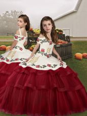 Wine Red Straps Lace Up Embroidery Little Girl Pageant Gowns Sleeveless