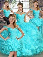 Aqua Blue Sleeveless Beading and Ruffles Floor Length Quinceanera Dress