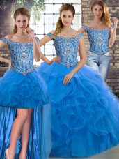 Sleeveless Beading and Ruffles Lace Up Sweet 16 Quinceanera Dress with Blue Brush Train