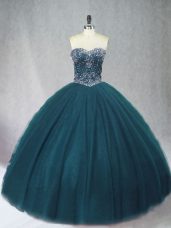 Peacock Green Tulle Lace Up Quinceanera Dress Sleeveless Floor Length Beading