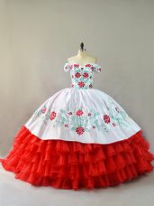 Fine White And Red Sweet 16 Dress Off The Shoulder Sleeveless Court Train Lace Up