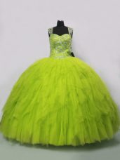 Yellow Green Tulle Lace Up Straps Sleeveless Floor Length 15 Quinceanera Dress Beading and Ruffles