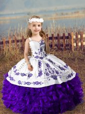 Fantastic Sleeveless Floor Length Embroidery and Ruffles Lace Up Girls Pageant Dresses with Purple