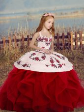 Floor Length Ball Gowns Sleeveless Wine Red Little Girls Pageant Gowns Lace Up