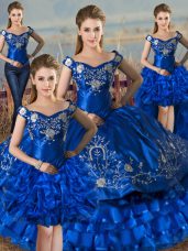 Admirable Off The Shoulder Sleeveless Lace Up Quinceanera Gown Royal Blue Satin and Organza