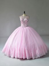 Discount Sleeveless Tulle Floor Length Lace Up Sweet 16 Dress in Baby Pink with Beading and Appliques