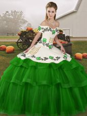 Dynamic Green Ball Gowns Tulle Off The Shoulder Sleeveless Embroidery and Ruffled Layers Lace Up Vestidos de Quinceanera Brush Train