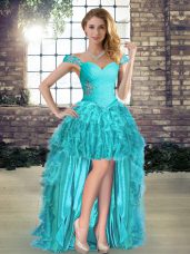 Luxurious High Low Lace Up Evening Dress Aqua Blue for Prom and Party with Beading and Ruffles