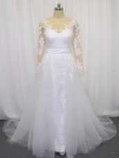 Sumptuous White A-line Lace and Belt Bridal Gown Clasp Handle Tulle Long Sleeves