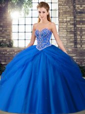 Sweetheart Sleeveless Brush Train Lace Up Vestidos de Quinceanera Blue Tulle