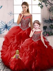 Red Sleeveless Floor Length Beading and Ruffles Zipper Quinceanera Gown