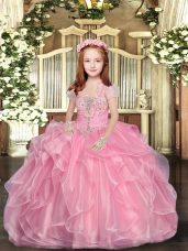 Baby Pink Organza Lace Up Straps Sleeveless Floor Length Pageant Gowns For Girls Beading