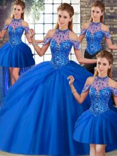 Blue Lace Up Vestidos de Quinceanera Beading and Pick Ups Sleeveless Brush Train