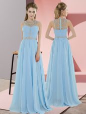Glamorous Empire Evening Dress Light Blue Scoop Chiffon Sleeveless Floor Length Zipper
