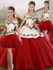 Customized White And Red Lace Up Quinceanera Gown Embroidery Sleeveless Floor Length