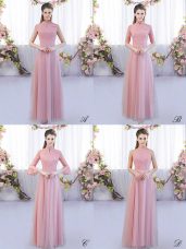 New Style Pink Empire High-neck Cap Sleeves Tulle Floor Length Zipper Lace Bridesmaid Gown
