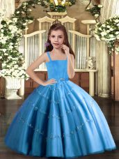 Straps Sleeveless Lace Up Little Girls Pageant Dress Baby Blue Tulle