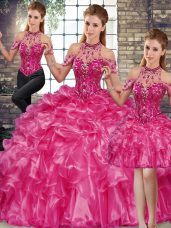 Sleeveless Floor Length Beading and Ruffles Lace Up Sweet 16 Dress with Fuchsia