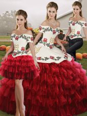 Wine Red Lace Up Off The Shoulder Embroidery and Ruffled Layers 15 Quinceanera Dress Organza Sleeveless