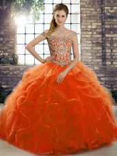 Brush Train Ball Gowns 15 Quinceanera Dress Orange Red Off The Shoulder Tulle Sleeveless Lace Up