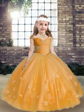 Gold Tulle Lace Up Pageant Dress for Womens Sleeveless Floor Length Beading and Hand Made Flower
