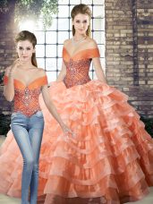 Peach Sweet 16 Dress Military Ball and Sweet 16 and Quinceanera with Beading and Ruffled Layers Off The Shoulder Sleeveless Brush Train Lace Up