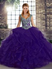 Sleeveless Tulle Floor Length Lace Up Vestidos de Quinceanera in Purple with Beading and Ruffles