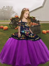 Straps Sleeveless Pageant Gowns Floor Length Embroidery Purple Organza