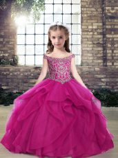 Excellent Beading and Ruffles Little Girls Pageant Gowns Fuchsia Lace Up Sleeveless Floor Length