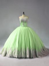 Suitable Sweetheart Sleeveless Court Train Lace Up Ball Gown Prom Dress Yellow Green Tulle
