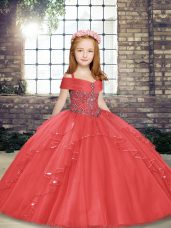 Coral Red Straps Lace Up Beading and Ruffles Child Pageant Dress Sleeveless