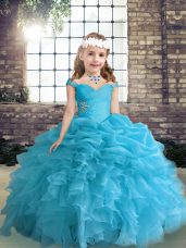 Superior Blue Lace Up Straps Beading and Ruffles and Pick Ups Kids Pageant Dress Organza Sleeveless
