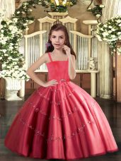 Simple Coral Red Ball Gowns Tulle Straps Sleeveless Beading Floor Length Lace Up Little Girls Pageant Gowns