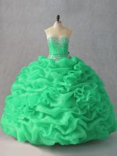 Unique Floor Length Green Sweet 16 Quinceanera Dress Organza Sleeveless Beading and Pick Ups and Hand Made Flower